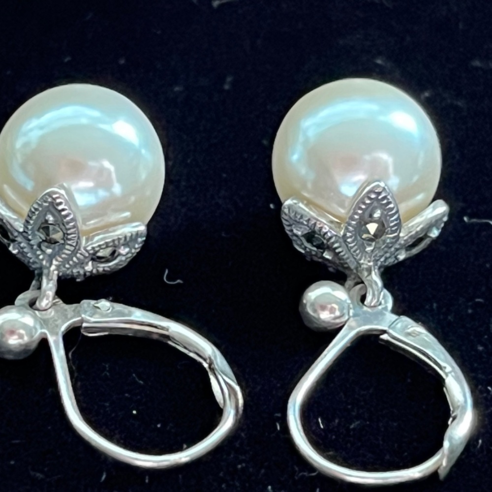 Vintage Sterling, Pearl drop, and Marcasite Pierced earrings.